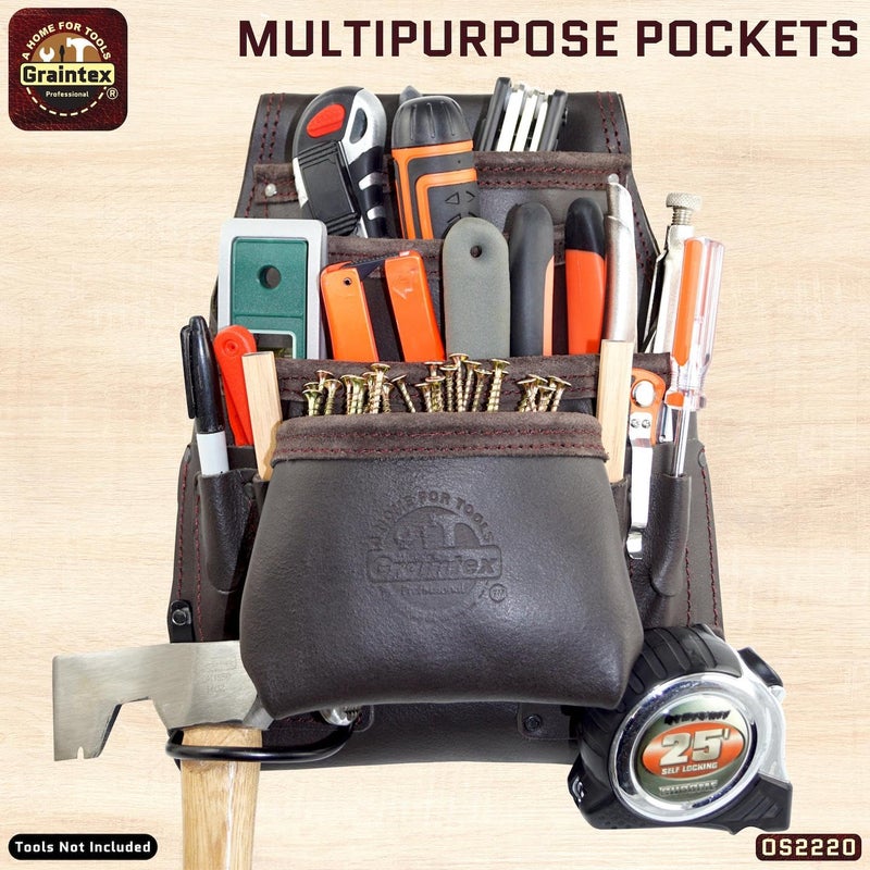 Graintex OS2220 10 Pocket Oil Tanned Leather Nail & Tool Pouch Dark Brown Color for Constructor/Electrician/Plumber - Image 3